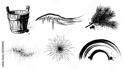 Rustic line art elements: wooden bucket, pine branch, abstract shapes