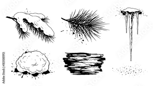 Ink style winter elements: snowy pine, icicles, and firewood illustrations