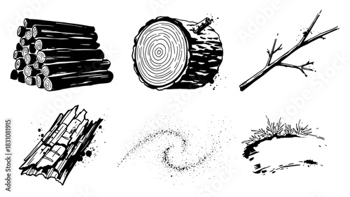 Ink drawing of logs, branches, and wood textures in black and white