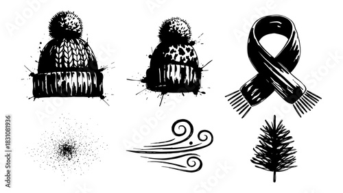Winter fashion and elements: hand-drawn hats, scarf, and seasonal symbols