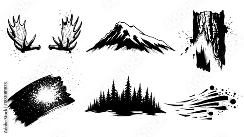 Rustic wilderness elements: mountains, trees, antlers, and textures in monochrome
