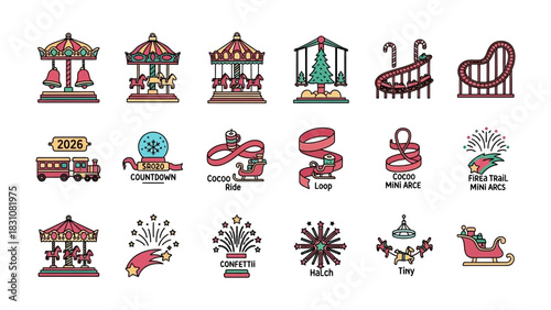 Festive Amusement Park Icons: An eye-catching collection of illustrated icons capturing the essence of a Christmas amusement park, designed to evoke the holiday spirit with a touch of playfulness.