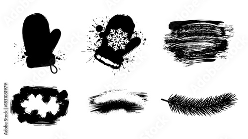 Grunge mittens and brush strokes with winter elements in black and white