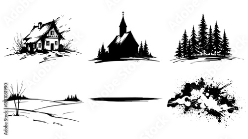 Rustic silhouettes: cabin, church, pines in scenic ink art style