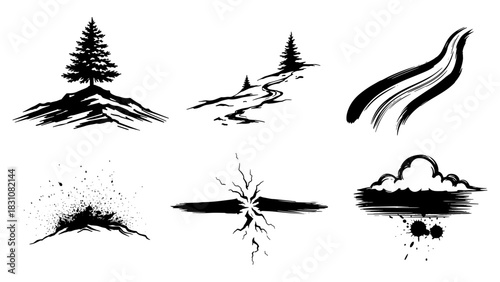 Black and white silhouette landscapes and nature elements