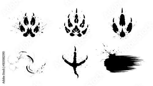 Abstract animal paw prints and splatter designs in grunge style