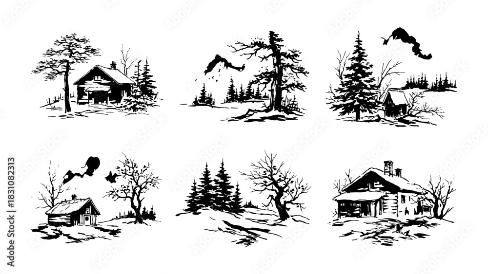 Fototapeta premium Rustic winter landscapes in black and white ink drawings