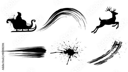 Silhouette christmas sleigh and reindeer with artistic brush strokes and ink splashes