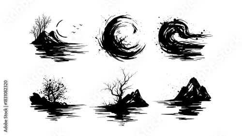 Ink art landscape with mountains, waves, and trees: monochrome set