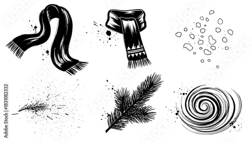 Winter elements: hand-drawn scarves, snowflakes, pine needles, and swirls