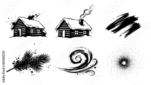 Rustic winter cabins with grunge elements and nature-inspired textures