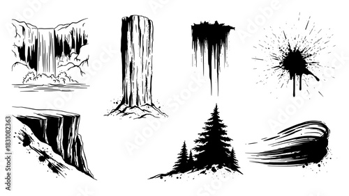 Dynamic ink brush landscapes with waterfalls, cliffs, and trees