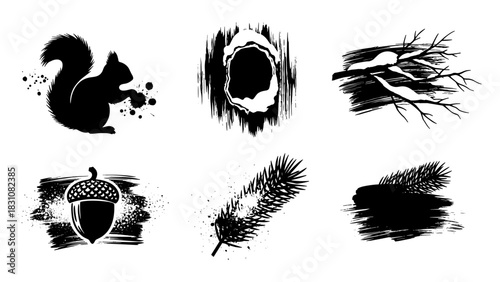 Nature-inspired black and white design elements with squirrel and acorn