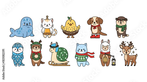 Whimsical Critters Collection: A charming assembly of cartoon animal illustrations, each adorned in festive attire and radiating a sense of joyful celebration.