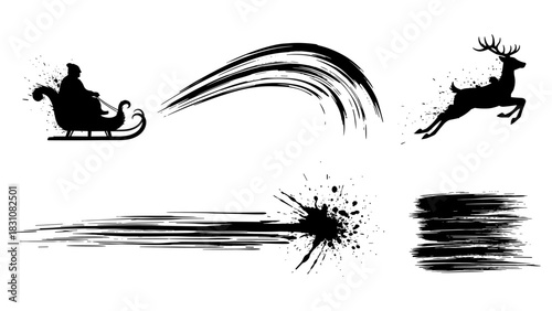 Dynamic winter elements: silhouette sleigh and splash ink brushes
