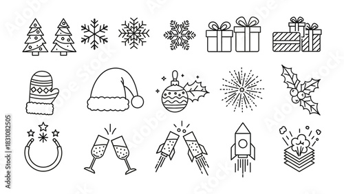 Festive Icons Collection: A delightful assortment of festive icons, encompassing the spirit of the holiday season, with ornaments, celebratory imagery.