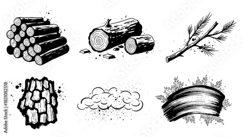 Rustic woodcut illustrations of logs, branches, and natural elements in black and white