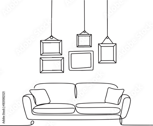 Continuous Line Art Illustration of Simple Sofa with Wall and Hanging Picture Frames