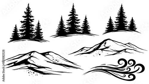 Silhouette nature set: pine trees, mountains, and wind elements in black and white design