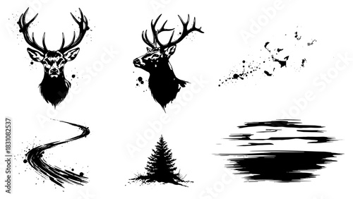 Artistic ink deer with forest elements and abstract brush strokes
