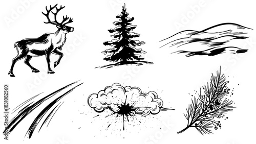 Elegant black and white winter elements with caribou and snowy tree