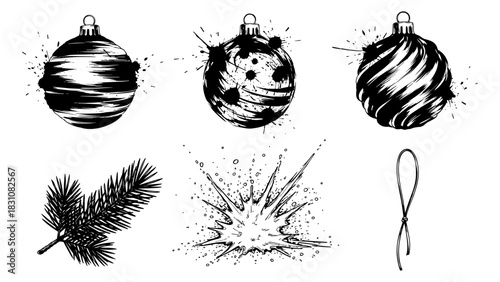 Ink style christmas ornaments and pine elements