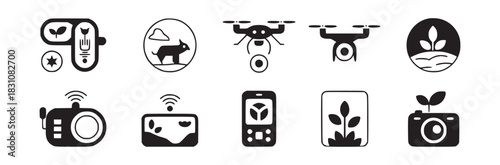 Collection of ten agriculture technology icons featuring drones sensors and plant monitoring tools