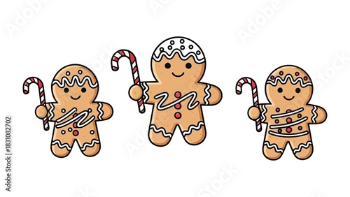 Gingerbread Men's Jolly Gathering: Three cheerfully smiling gingerbread men, each holding a candy cane, bring festive holiday joy and sweetness to the scene.