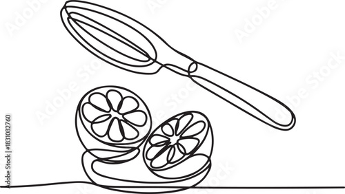 Continuous Line Art Illustration of Citrus Press Tool with Lemon Halves