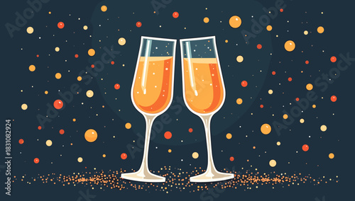 Two champagne glasses standing together with sparkling festive particles