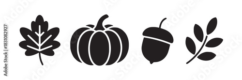 A collection of fall themed icons featuring a maple leaf a pumpkin an acorn and a leafy branch design