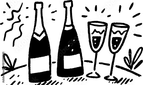 Champagne bottles and glasses in a modern black and white vector illustration. Simple set showcasing celebration and festive themes.