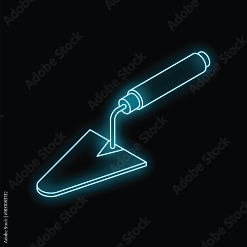 Blue neon trowel glowing in the dark, isometric view