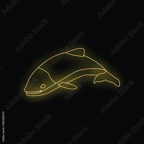 Yellow neon light showing jumping salmon fish shape on black background