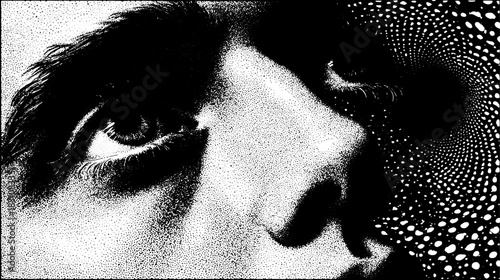 Engraving illustration of a human face featuring detailed elements such as the eye and nose. Black and white vector art with bold contrasts and defined outlines.