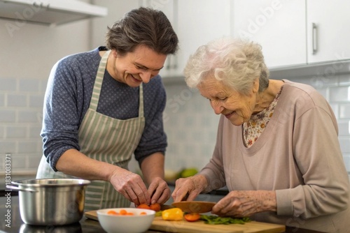 Two older adults joyfully preparing vegetables together in bright modern kitchen, celebrating companionship, cooking, and shared home moments