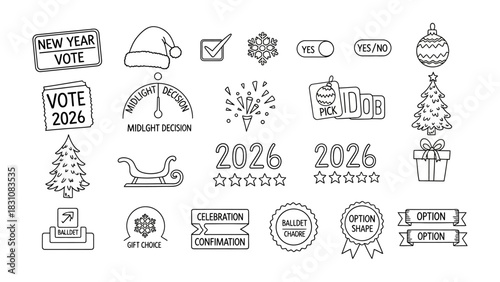 New Year and Christmas Icons: A collection of festive and celebratory icons and symbols, perfect for designs related to new year, Christmas and voting theme. 