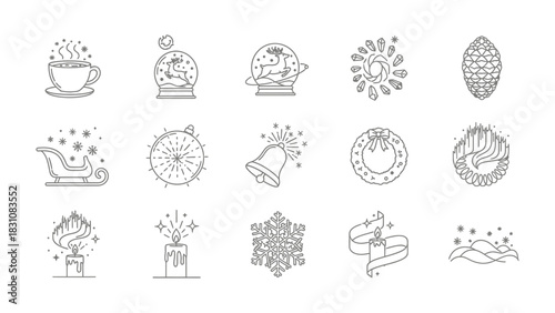Holiday Icon Set: A captivating array of whimsical line icons captures the essence of winter celebrations, featuring ornaments, snowflakes, candles, and other festive symbols. 