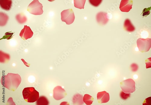 Graceful Falling Red and Pink Rose Petals with Sparkling Bokeh Light Frame