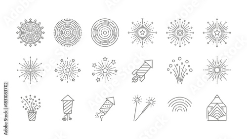 Abstract Fireworks Elements: A collection of various fireworks elements with various designs, offering a simple and symbolic representation.