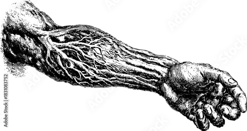 Human arm illustration showcasing detailed vascular structures. Vintage vector illustration in black and white.