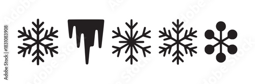 A collection of winter themed icons featuring snowflakes and icicles in a simple black and white design