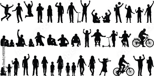 Silhouettes of adults and children in dynamic poses, showcasing everyday activities, movement, and social interaction on white background