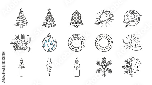 Holiday icons set: An array of detailed, delicate drawings portraying classic holiday symbols, meticulously crafted with black outlines. The icons are perfect to give a feel of festive spirit.