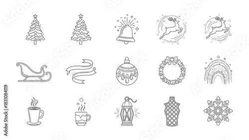 Christmas Elements Icon Set: An assortment of line art icons depicting festive symbols associated with the holiday season, embodying the spirit of celebration and the joy of giving.