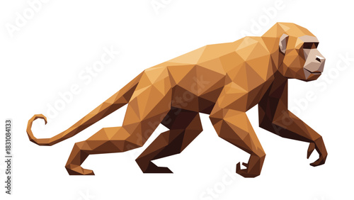 Geometric low poly monkey walking in profile on white background