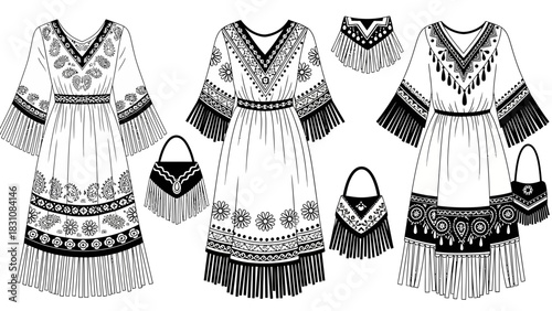 Boho chic fashion collection featuring dresses and bags with fringe details, perfect for summer festivals and stylish bohemian wardrobes