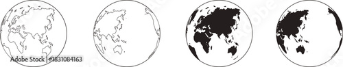 Minimal world map globe icons in outline and solid styles create a clean global symbol set. Versatile Earth illustrations work for geography, travel, and international themes. Perfect for modern brand
