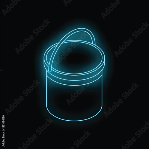 Glowing neon blue paint bucket on a dark background