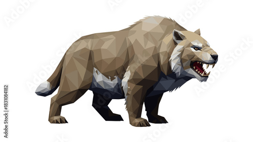 Low poly saber toothed tiger roaring with geometric precision